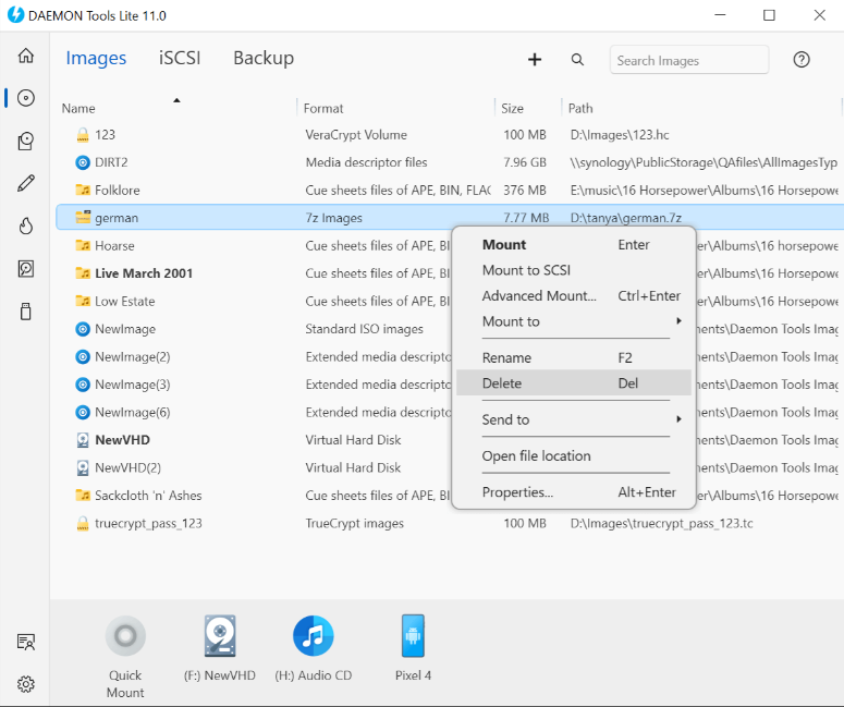 Images catalog listing ISO, MDS, VHD, 7z and VeraCrypt entries with Mount context menu